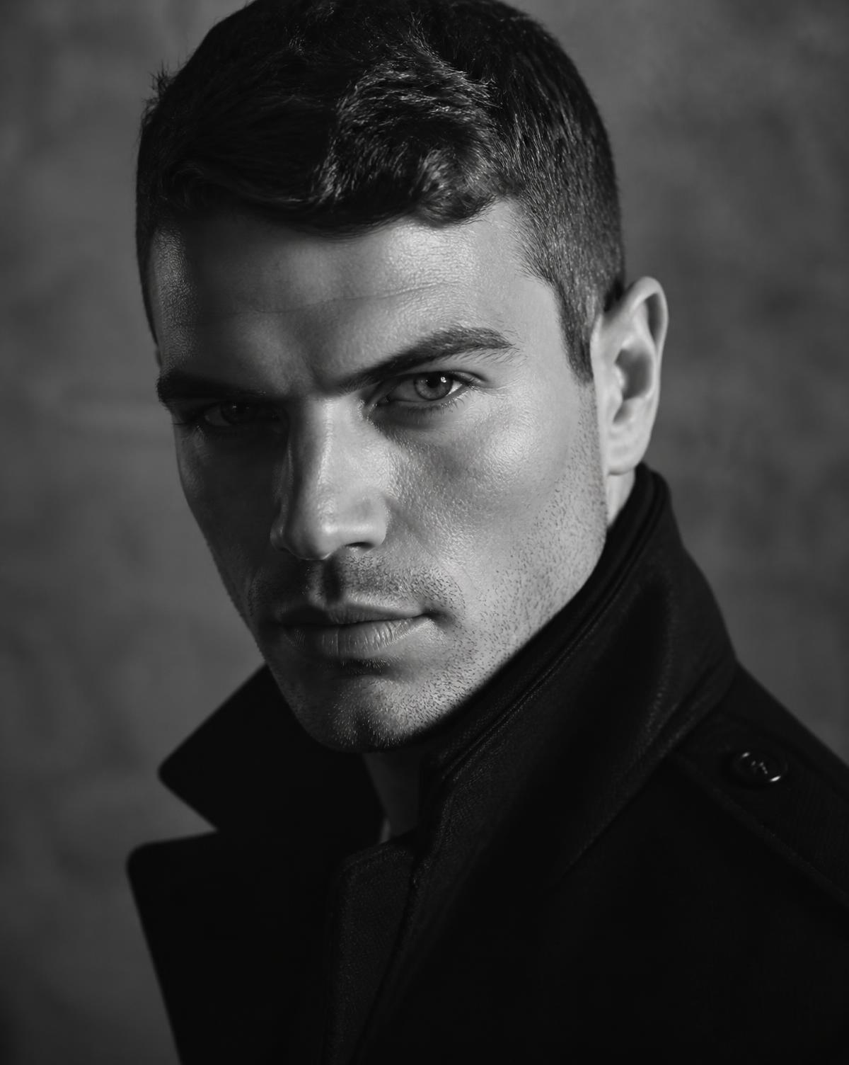 Black and white portrait of a focused man