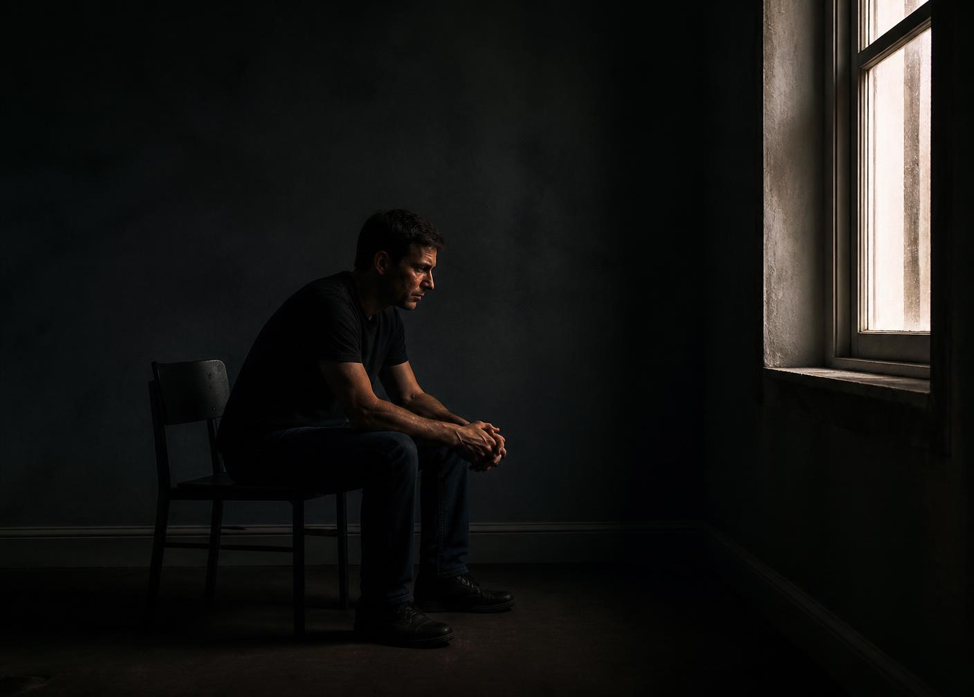 Man sitting alone in a dark room, reflecting