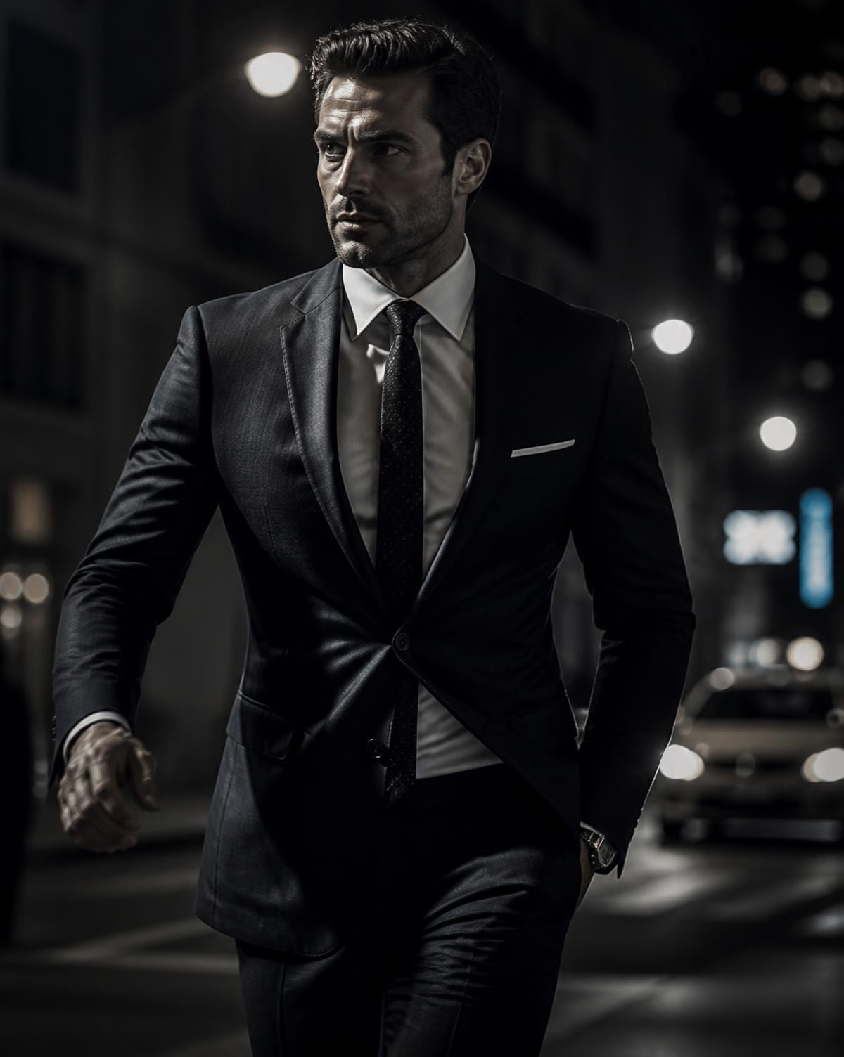 Confident man in a dark suit walking with purpose at night